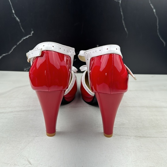 ForeMode Fashion T-Strap Bow Platform Round Toe High Heels Red/White sz 10.5 - Picture 6 of 14